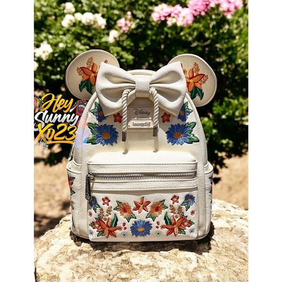 Loungefly Disney Minnie Mouse Embroidered Floral Bow Mini Backpack - Picture 1 of 4